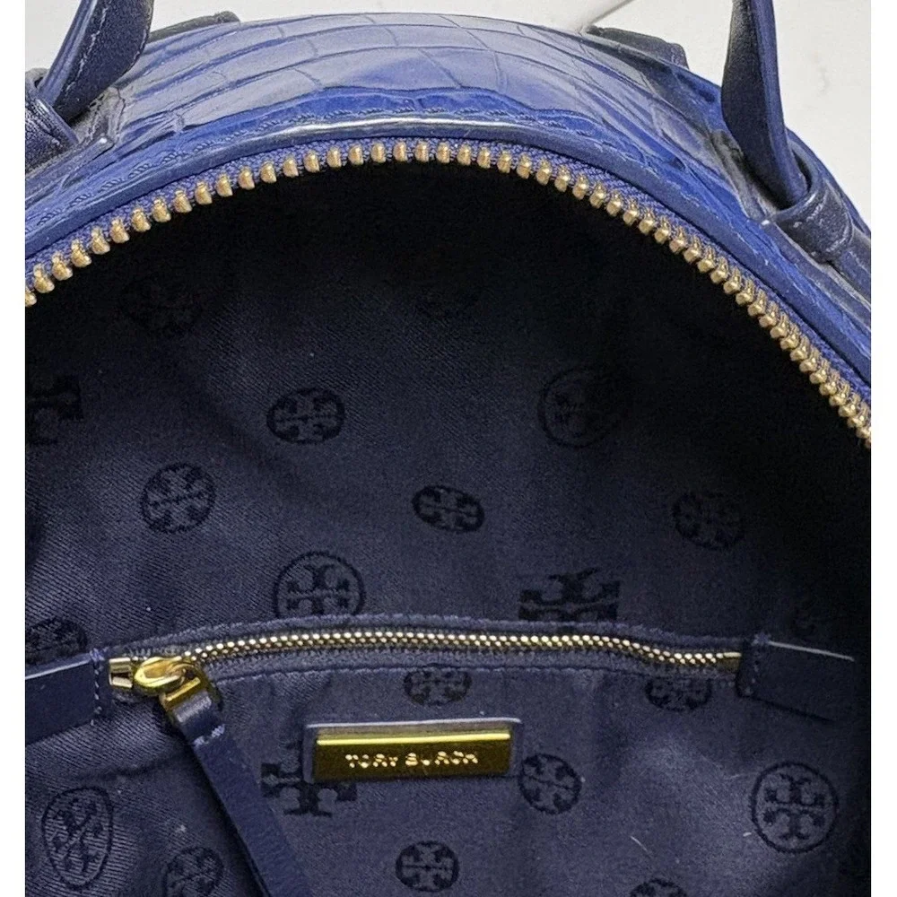 Tory Burch Navy Blue Croc Embossed Leather Backpack City Shoulder Bag Old Money
